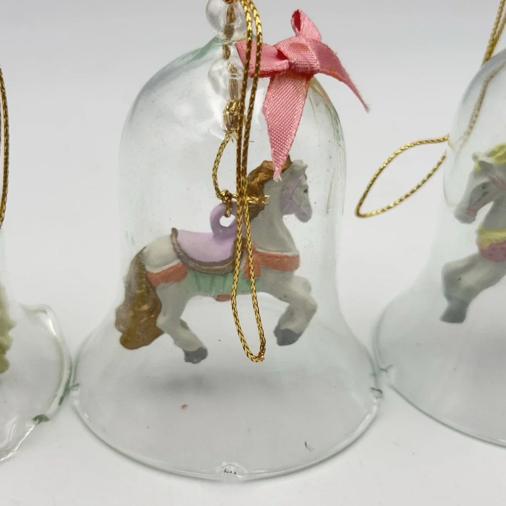 Vintage Set of 4 Clear Glass Bells with Carousel Horses Ornament Ruffled Edges‎